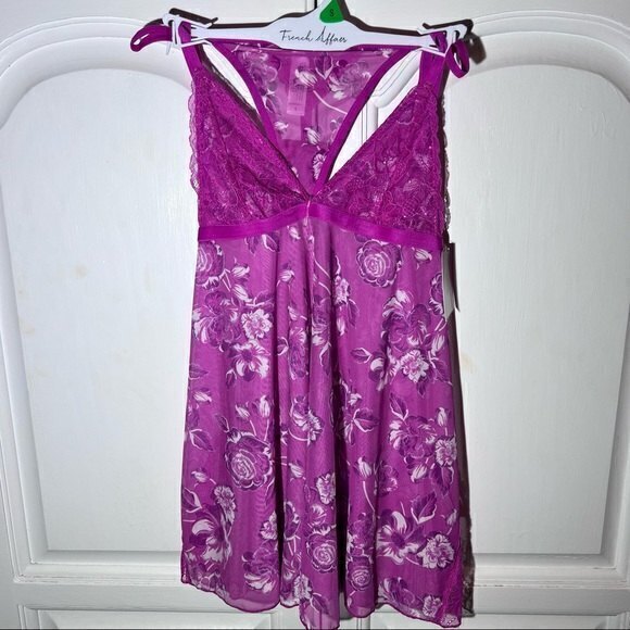 NWT, French‎ Affair Women’s Babydoll and G-String Set Size S, Pink Floral - Picture 2 of 6